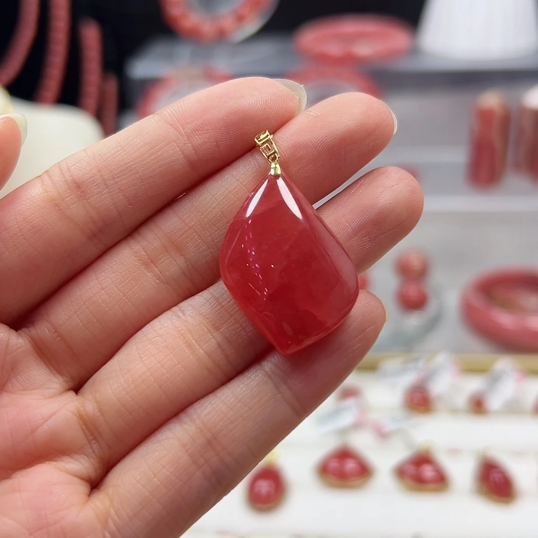 菱锰矿（红纹石）18K金镶嵌吊坠(不含链)021