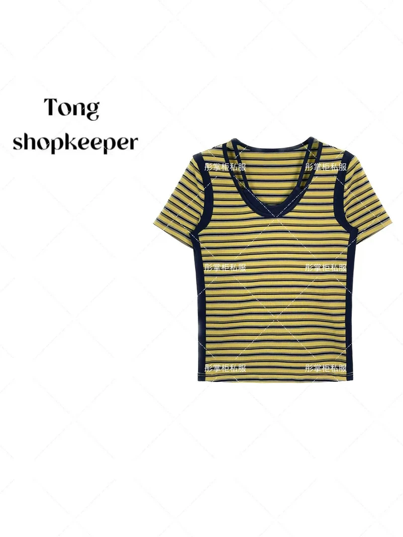 QJ/彤掌柜1681861 夏季2025桑蚕丝绵羊毛假两件撞色条纹显瘦上衣