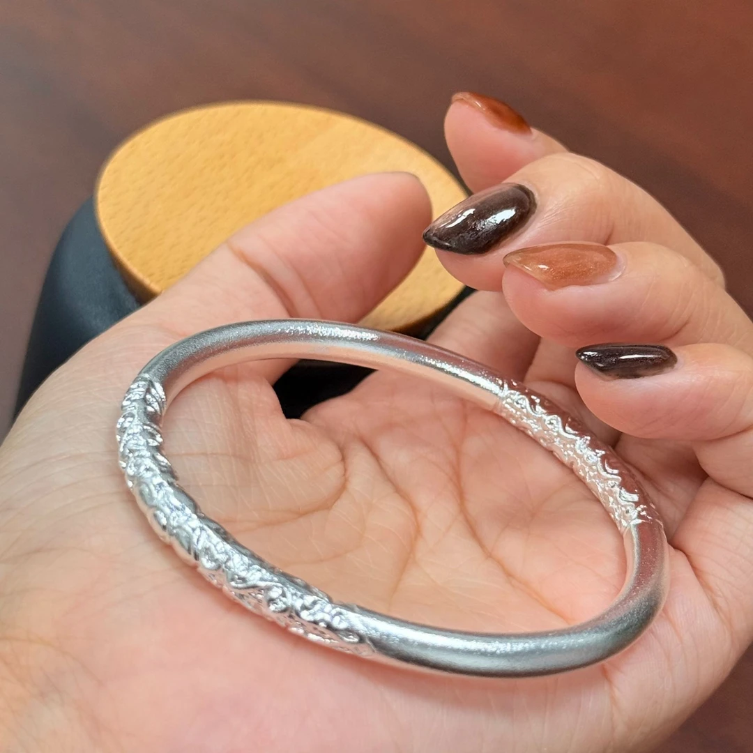 足银银制品 足银999卷草纹古法手镯复古时尚民族风手镯百搭