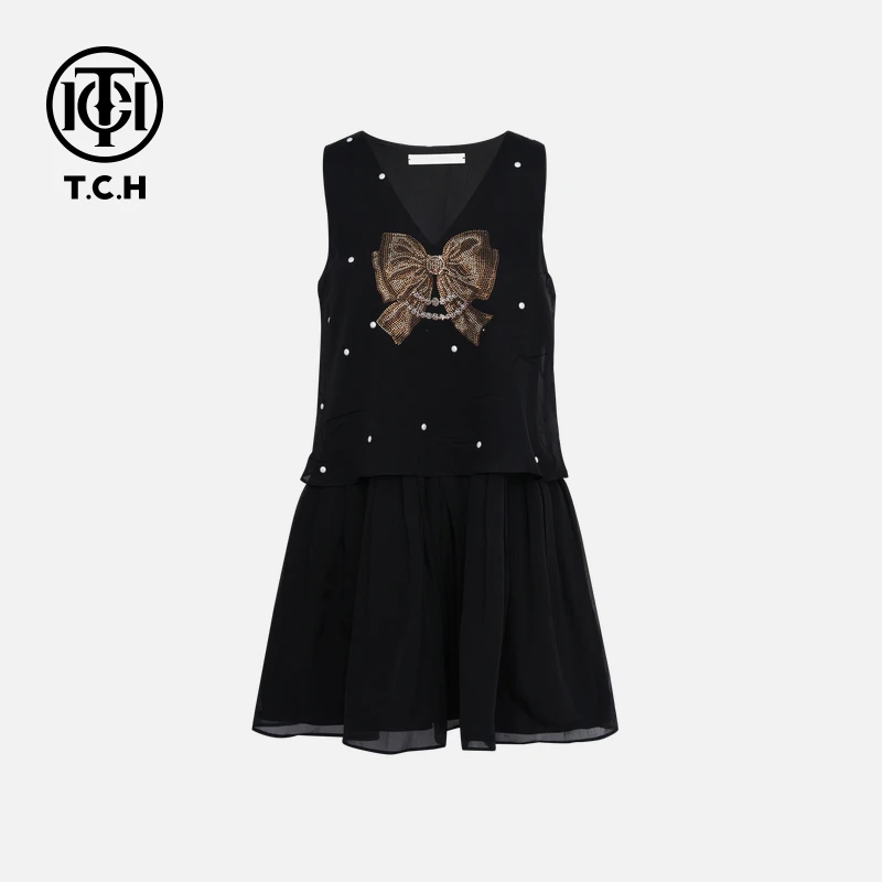 TCH轻奢2025夏季新款烫钻工艺蝴蝶结金色钻无袖连衣裙T75B30E1091