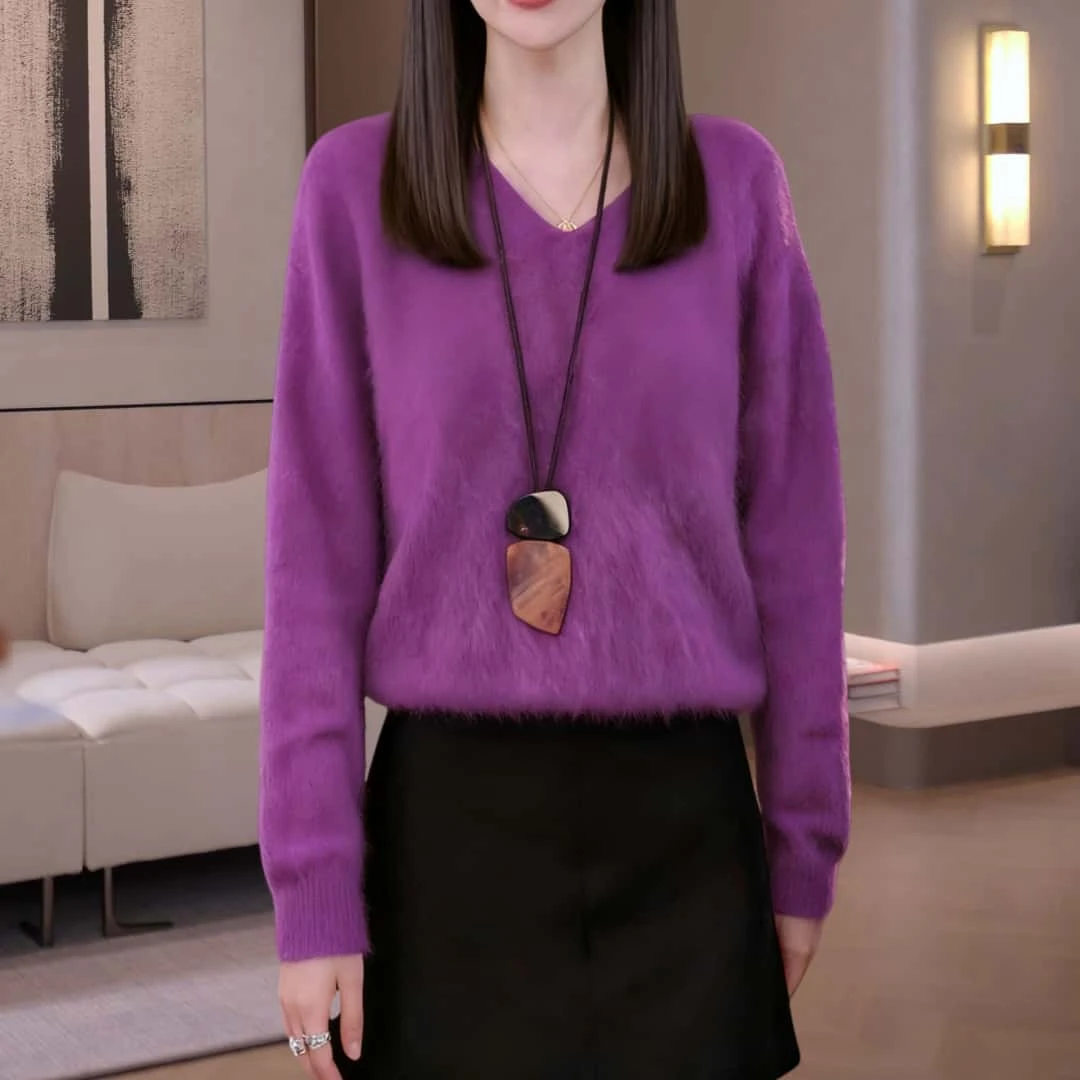 秋季慵懒宽松V领长袖针织衫女2025休闲百搭纯色气质柔软弹性上衣