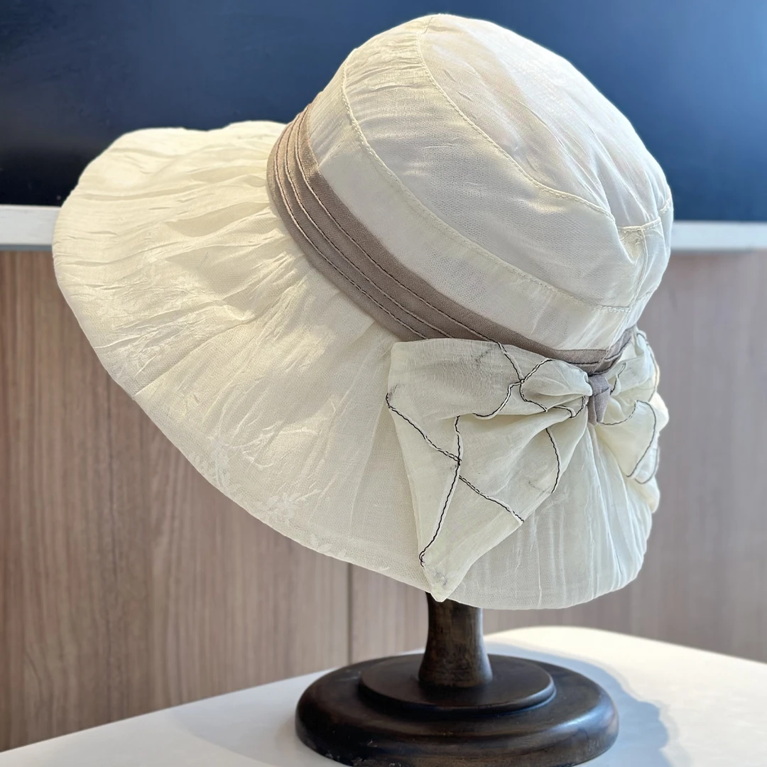 2025新款轻薄蝴蝶结遮阳帽子女夏季薄款网纱妈妈帽优雅复古大帽檐