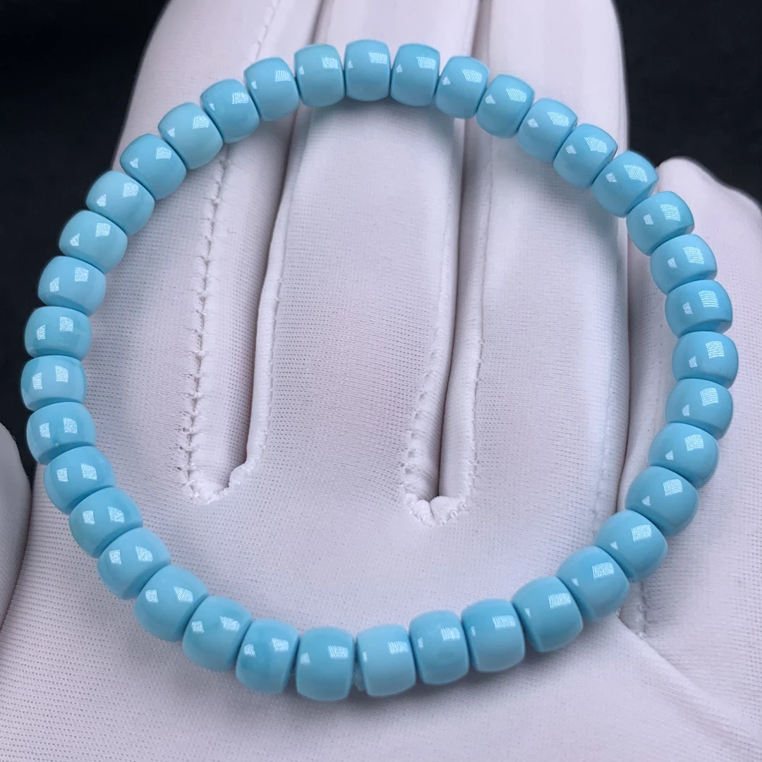 绿松石直切手串高瓷蓝纯天然原矿无优化蓝色单圈素圈老型玉手串