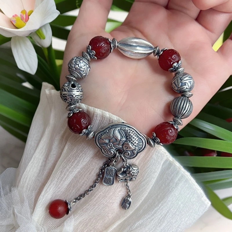 925银手链 s925纯银如意锁森系手串复古原创串珠重工麒麟手链