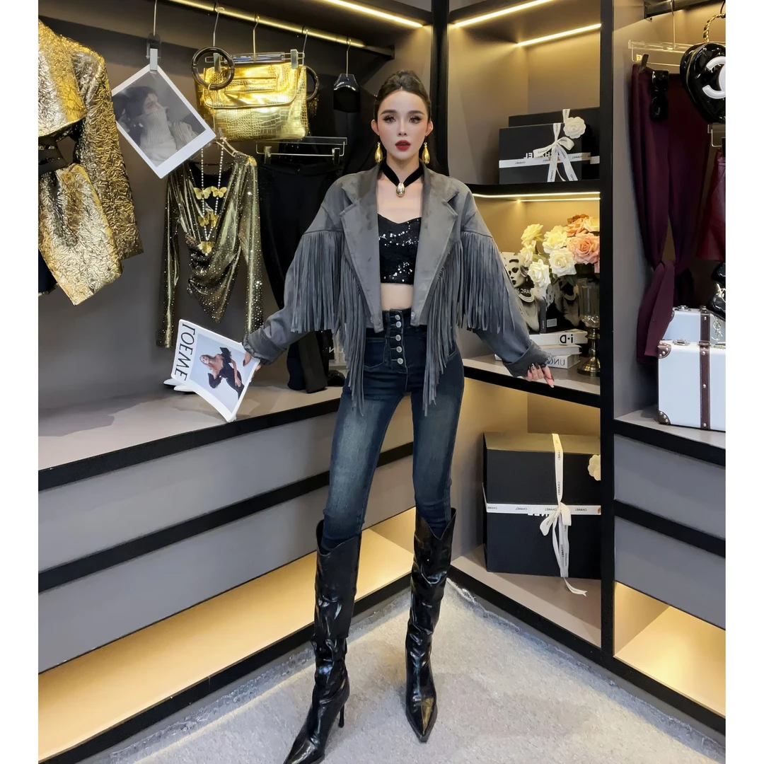 欧货女装-2025秋季五粒金属排扣显瘦高腰小脚修身牛仔裤