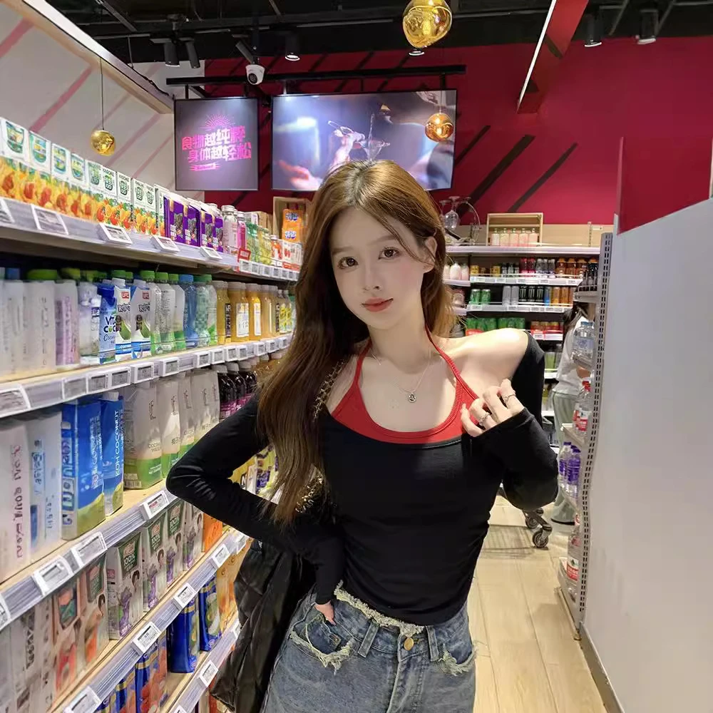 5055#人棉纯欲辣妹假两件T恤春夏秋季长袖T恤设计感上衣罩衫吊带