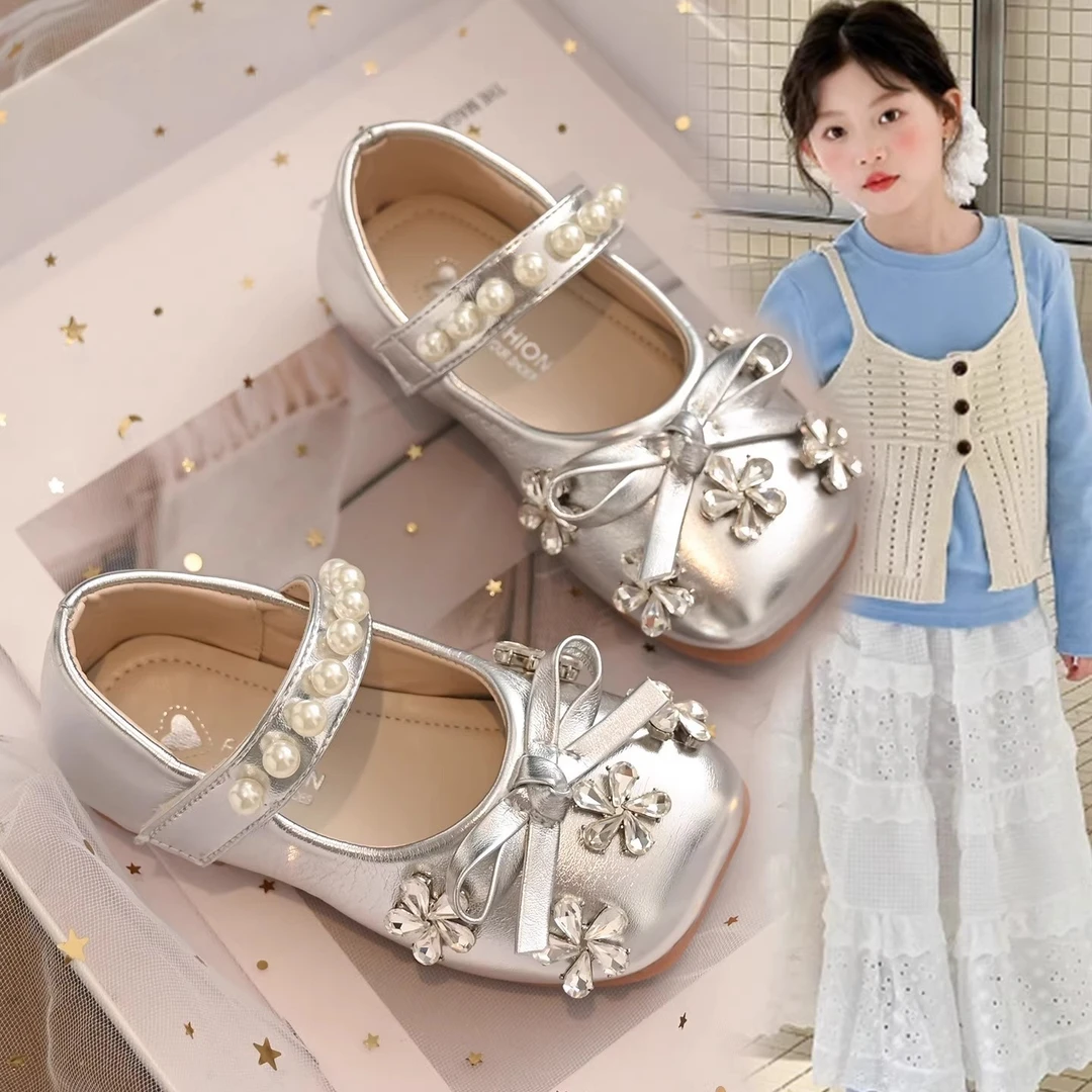 牧童牛小皮鞋女童2025春秋儿童蝴蝶结水钻公主鞋软底韩式水晶鞋
