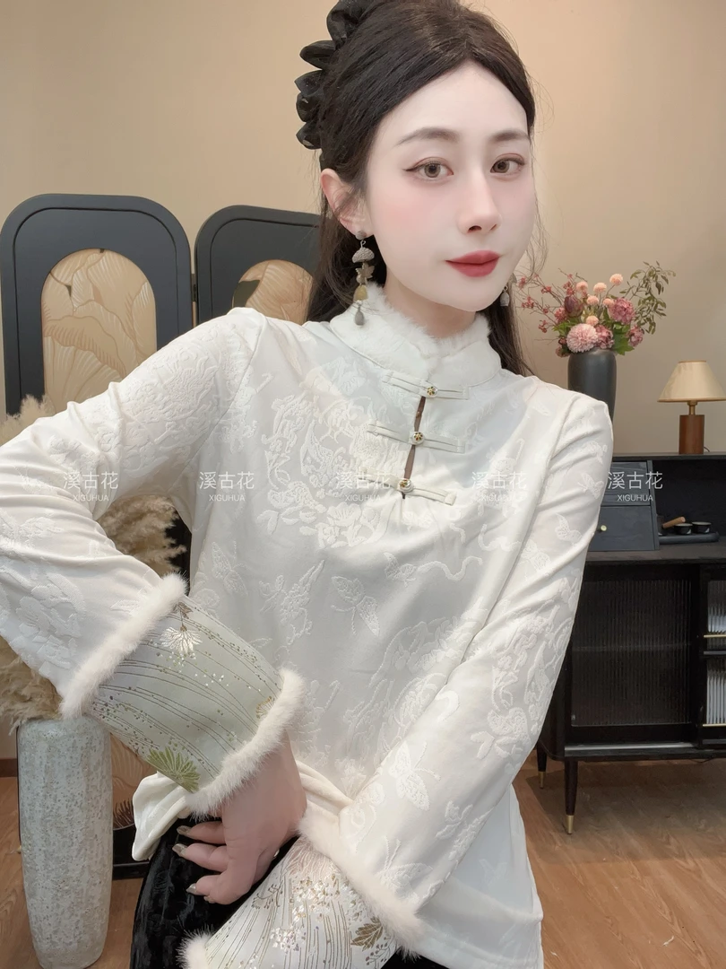 【若嫣】 加绒加厚浮雕刻花百搭显瘦长袖女时尚冬季上衣女新中式