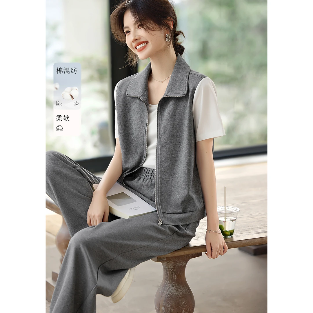 XWI/欣未2025夏季新款轻休闲舒适撞色假两件上衣裤子两件套装6068