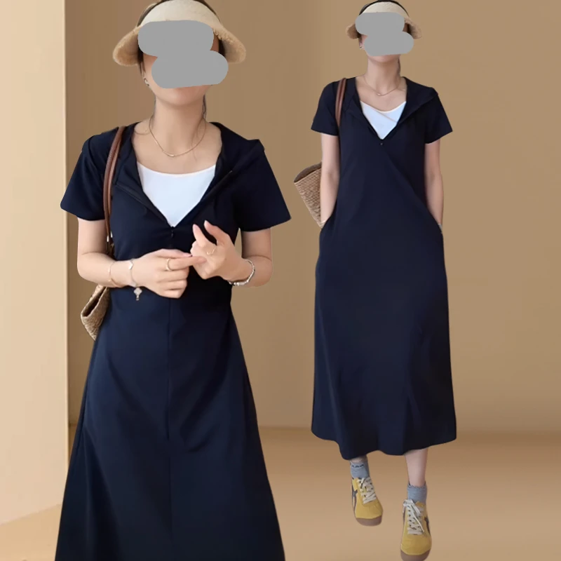 法式拼接假两件收腰显瘦连衣裙女2025夏季新款温柔风连帽设计长裙