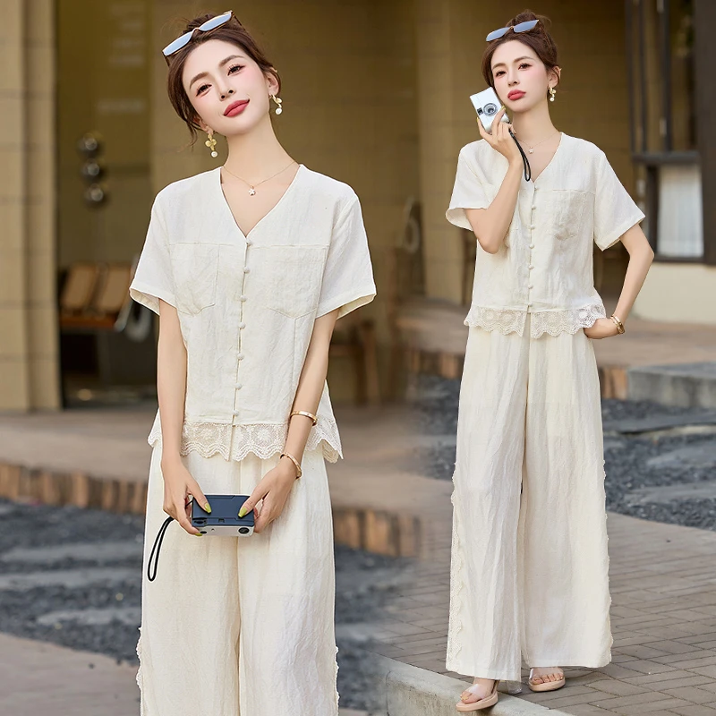 休闲时尚蕾丝拼接套装女2025夏季新款慵懒风宽松百搭阔腿裤两件套