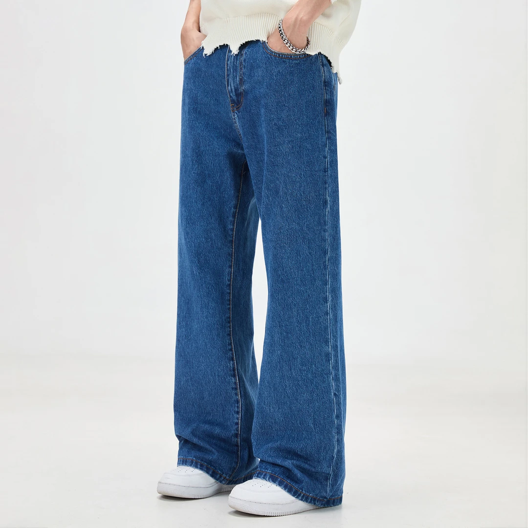 纯棉高街牛仔裤男秋季美式复古水洗宽松直筒阔腿休闲长裤子