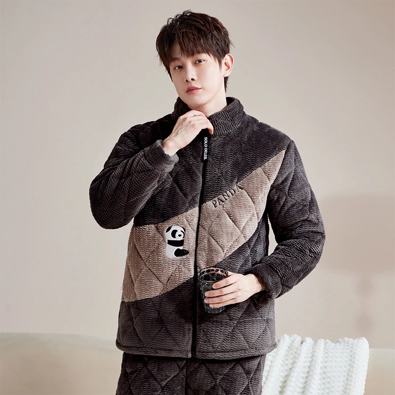 秋冬季新款男士睡衣大码男款墨绿色连帽加绒加厚翻领时尚家居服