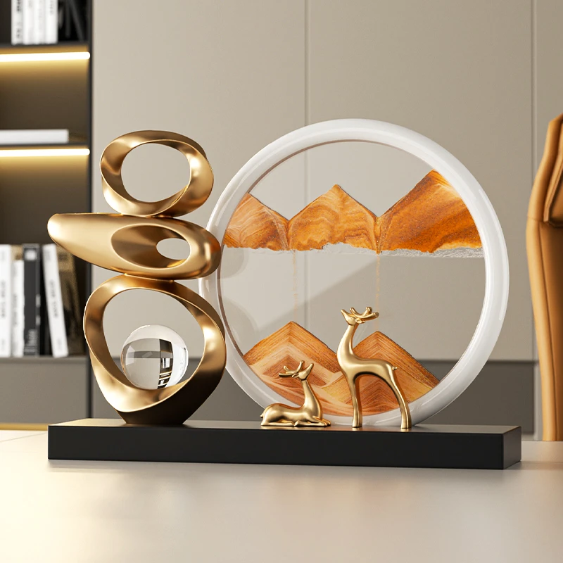 创意轻奢福鹿大气流沙画摆件高档办公室电视柜酒柜客厅玻璃装饰品