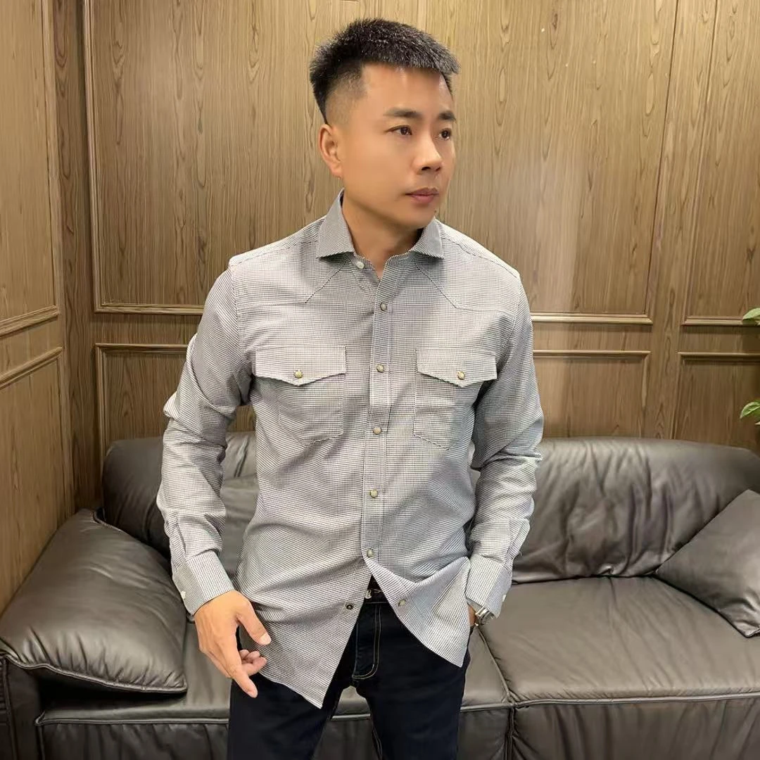 25四季款小千鸟格男士商务休闲英伦风格子明口袋翻领长袖衬衫