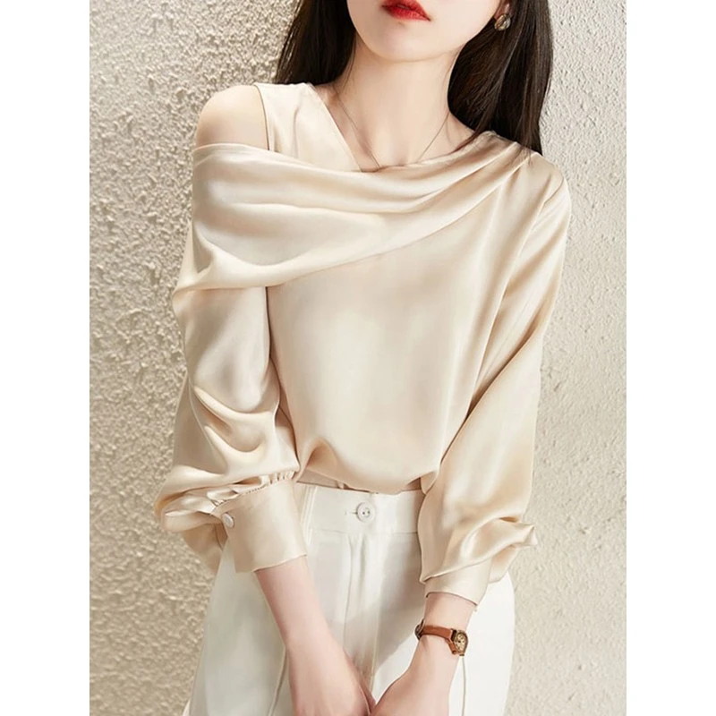 不对称剪裁小众衬衫春秋显瘦设计感露肩小衫法式轻奢洋气雪纺衬衣