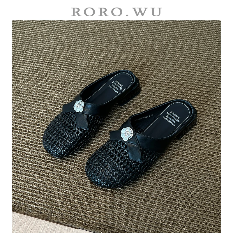 娆娆吴·头层牛皮夏季简约日常编织包头时装低跟拖鞋女鞋T544