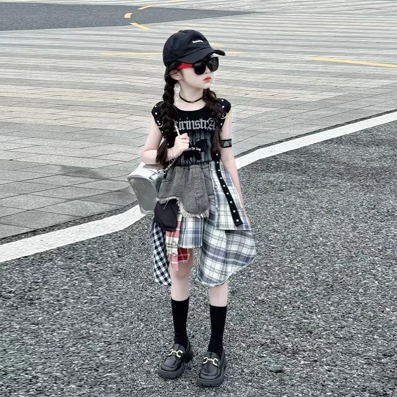 女童炸街夏季套装2025新款洋气女孩潮流背心街舞表演不规则裙两件