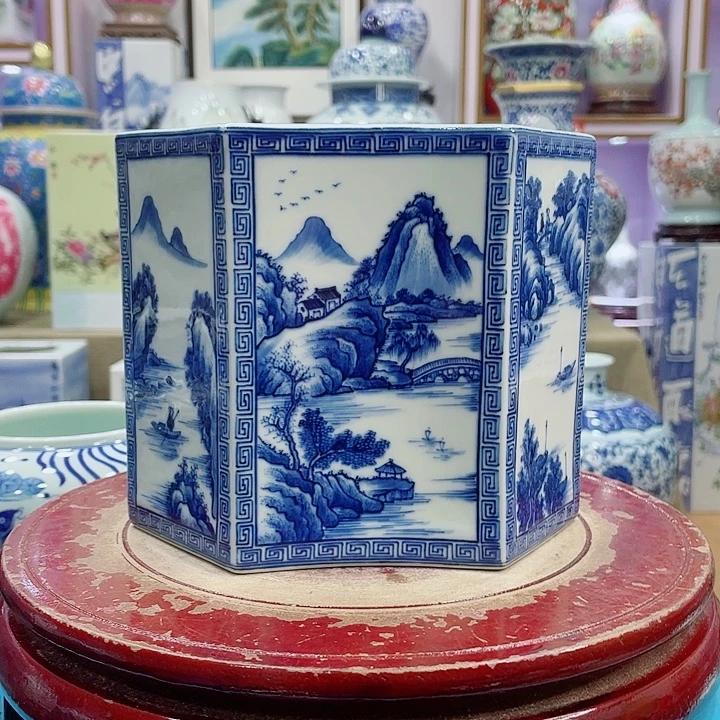 阿***哥花瓶全手工釉下青花山水六方镶器