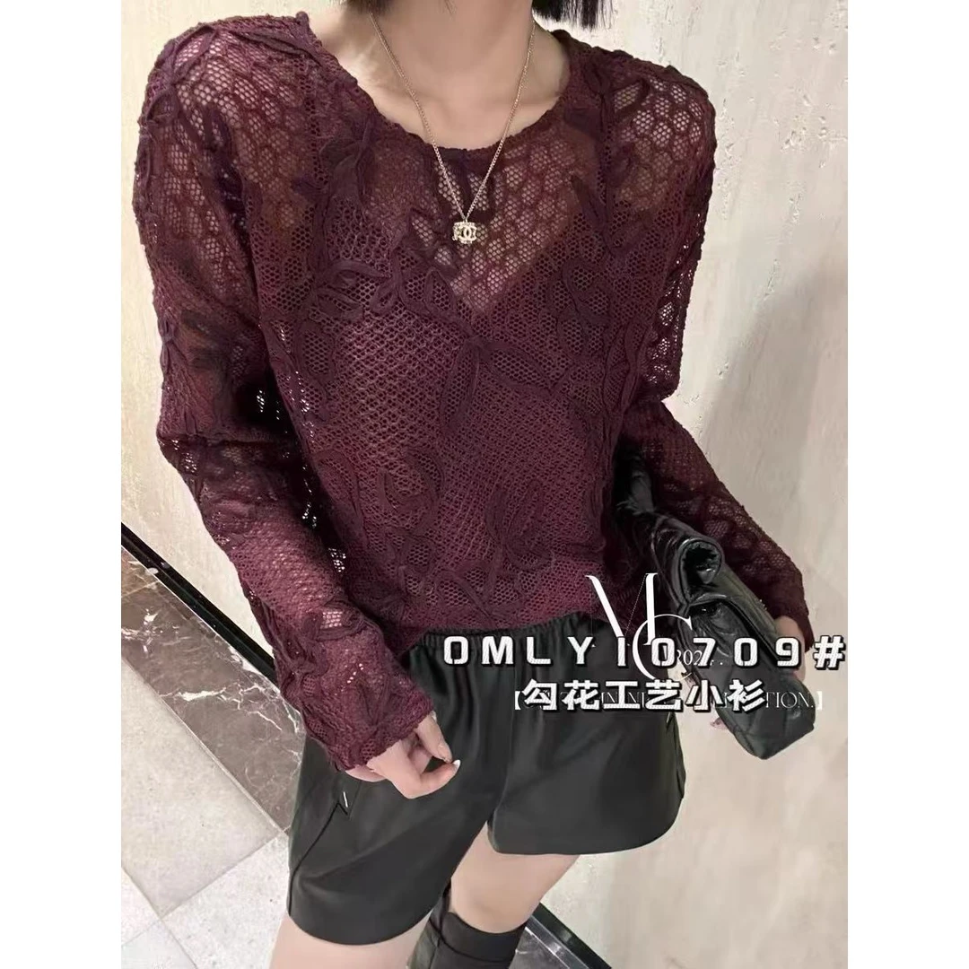 10709秋季新款女装法式钩花镂空蕾丝衫长袖针织衫气质显白优雅