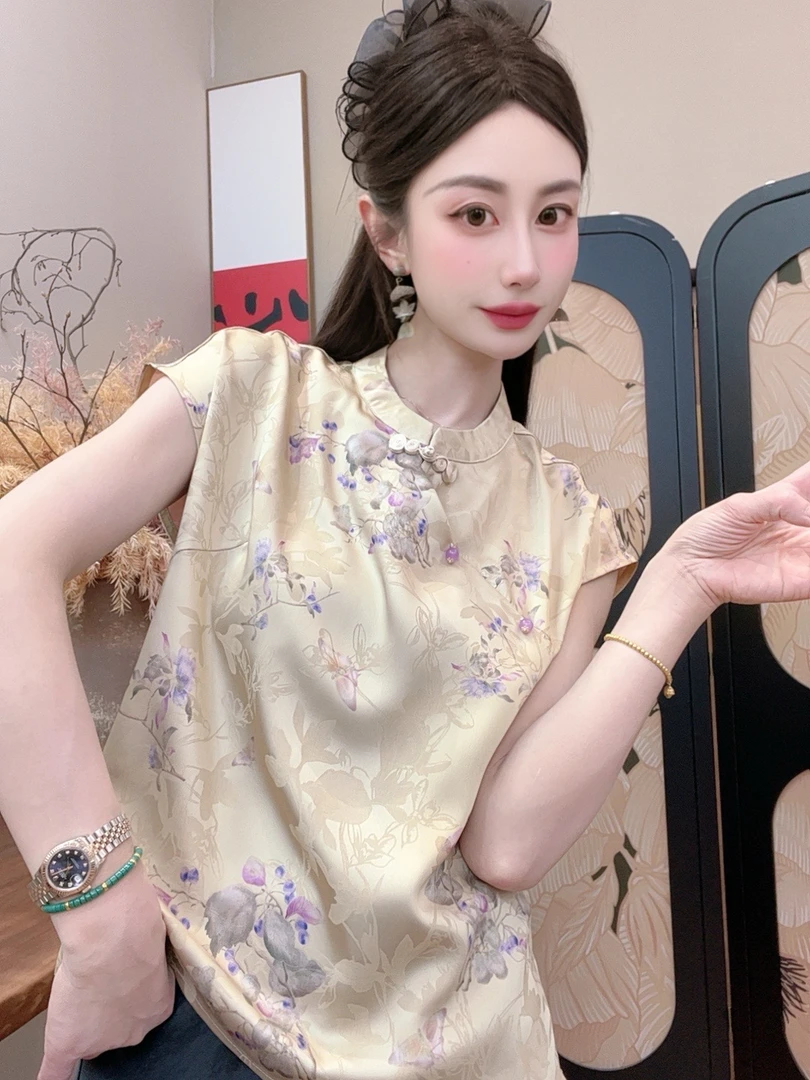 【紫铃兰】2025夏季新款短袖百搭显瘦新中式短袖女日常时尚气质