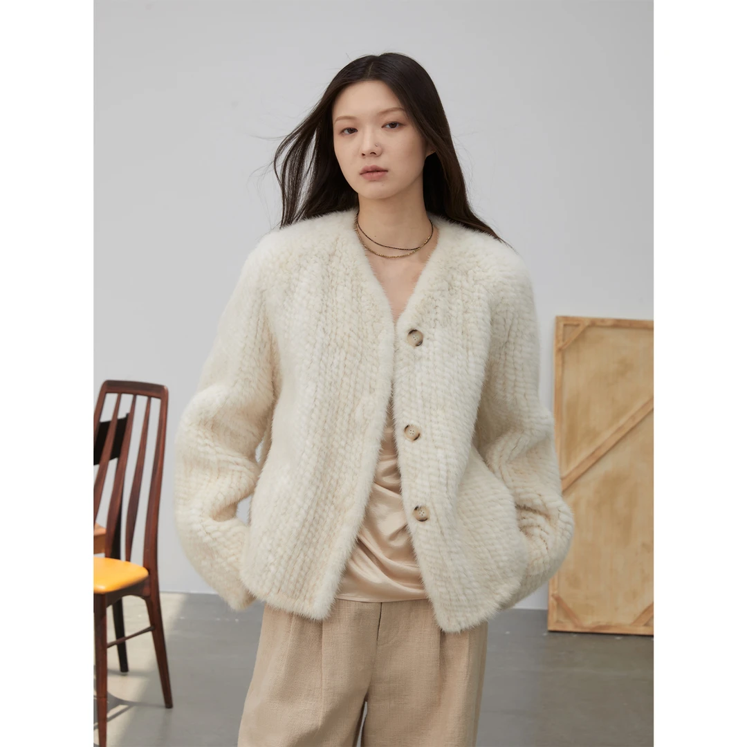 付智恩 哥伦比倒影 紫标级进口水貂手工编织质感V领貂皮皮草外套