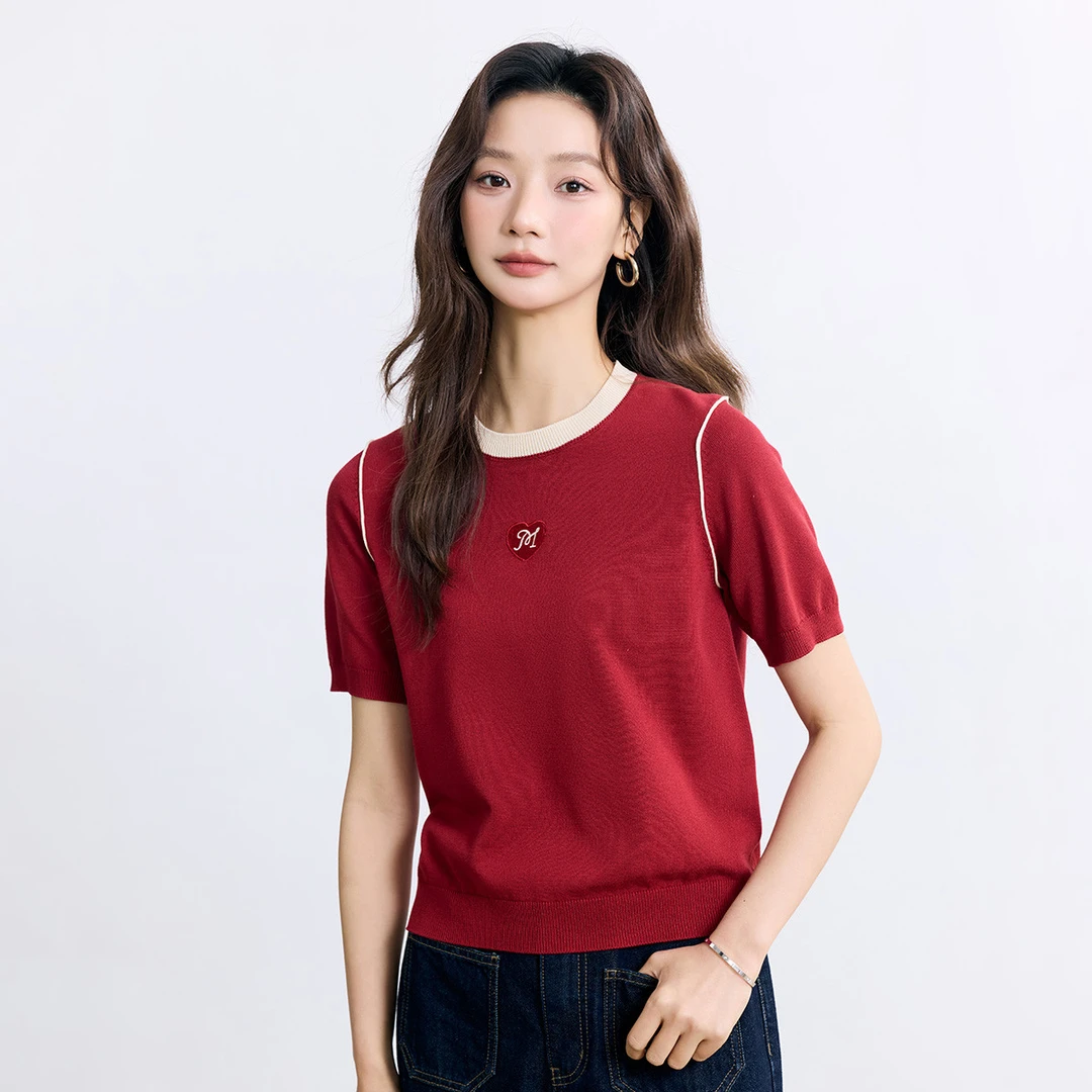 【年终狂欢购】茵曼夏季冰爽丝轻薄针织衫撞色圆领显瘦百搭短袖上