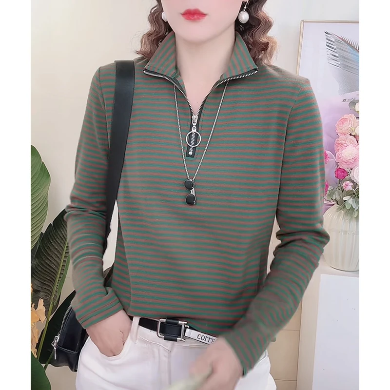 秋季条纹长袖半高领上档次打底衫女内搭洋气T恤上衣 251-1208