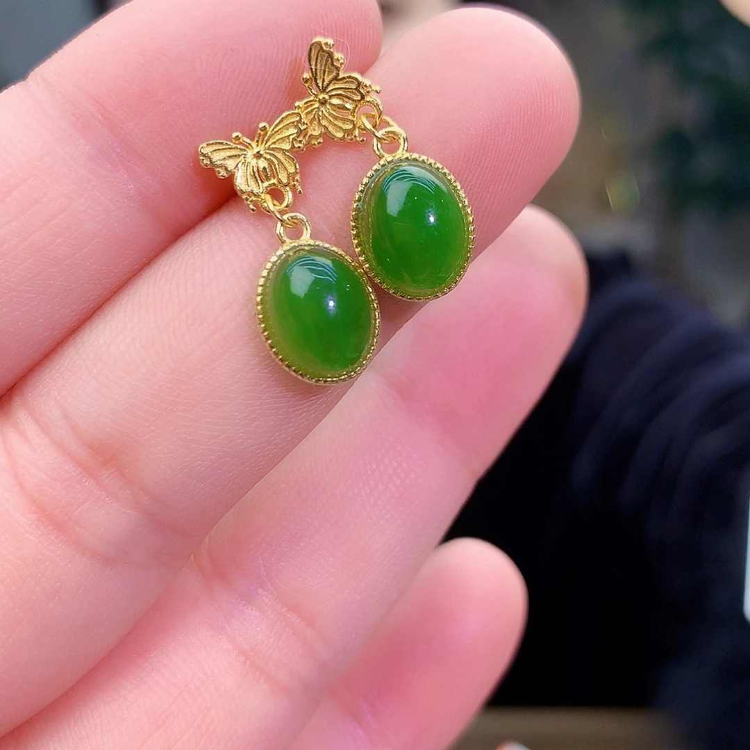 吊坠(不含链)银S925镶嵌和田玉（碧玉）耳钉