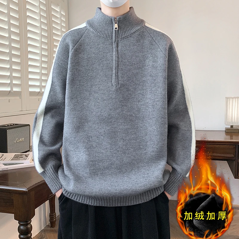 毛衣男青少年秋冬季新款半拉链立领针织衫男生韩系灰色立领毛线衣