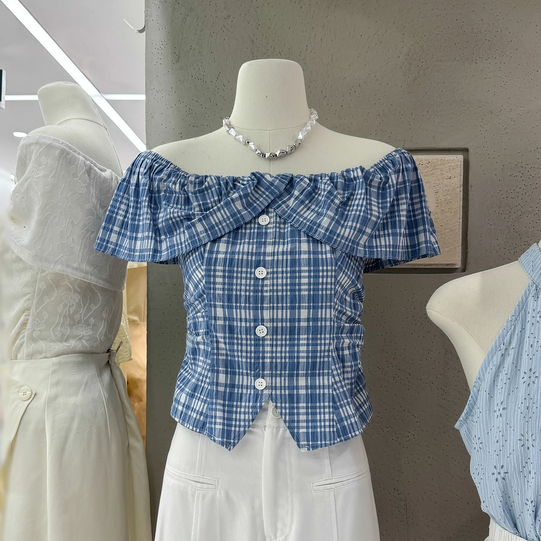 十三行2025夏季设计感一字肩短袖显瘦褶皱不规则格子衬衫上衣女