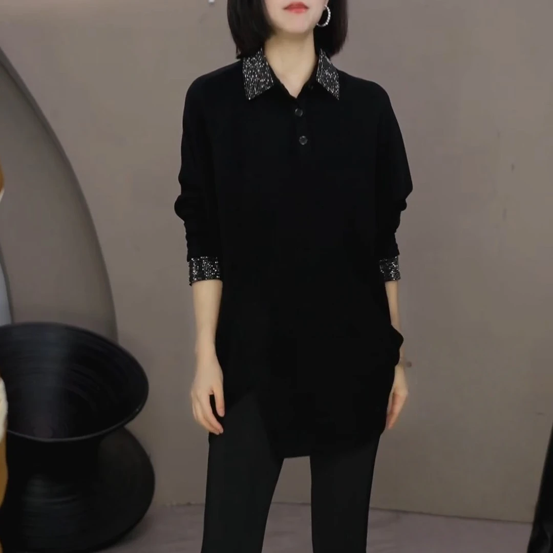 2025秋季新款洋气宽松长袖POLO衫上衣时尚气质百搭显瘦不规则衬衫