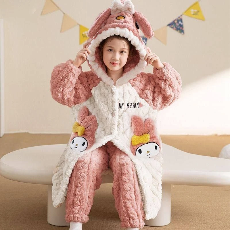 童女孩睡袍秋冬季绒睡衣套装公主家居服中大儿童加厚提花加绒中