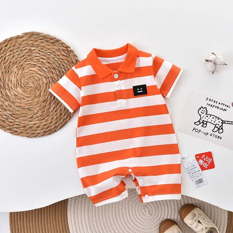 婴儿夏季衣服薄款宝宝短袖条纹网红满月新生儿爬服连体衣韩版