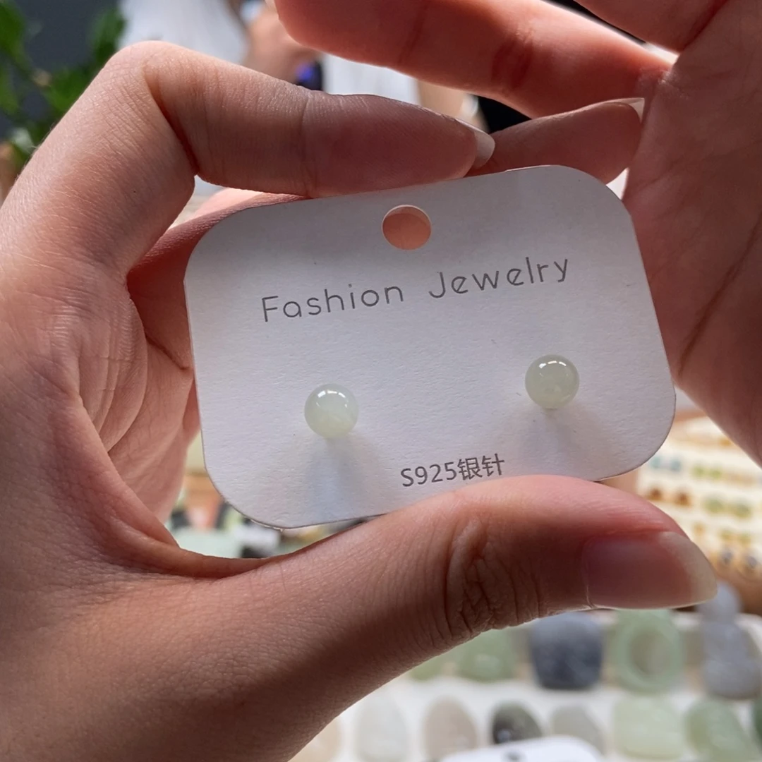 和田玉银S925镶嵌耳饰卡六浅晴