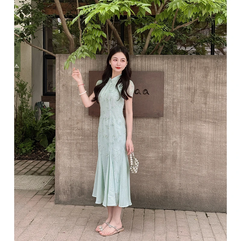 【轻轻烟萝】小娜椒小个子文艺国风绣花珠片蓝色旗袍显瘦连衣裙女