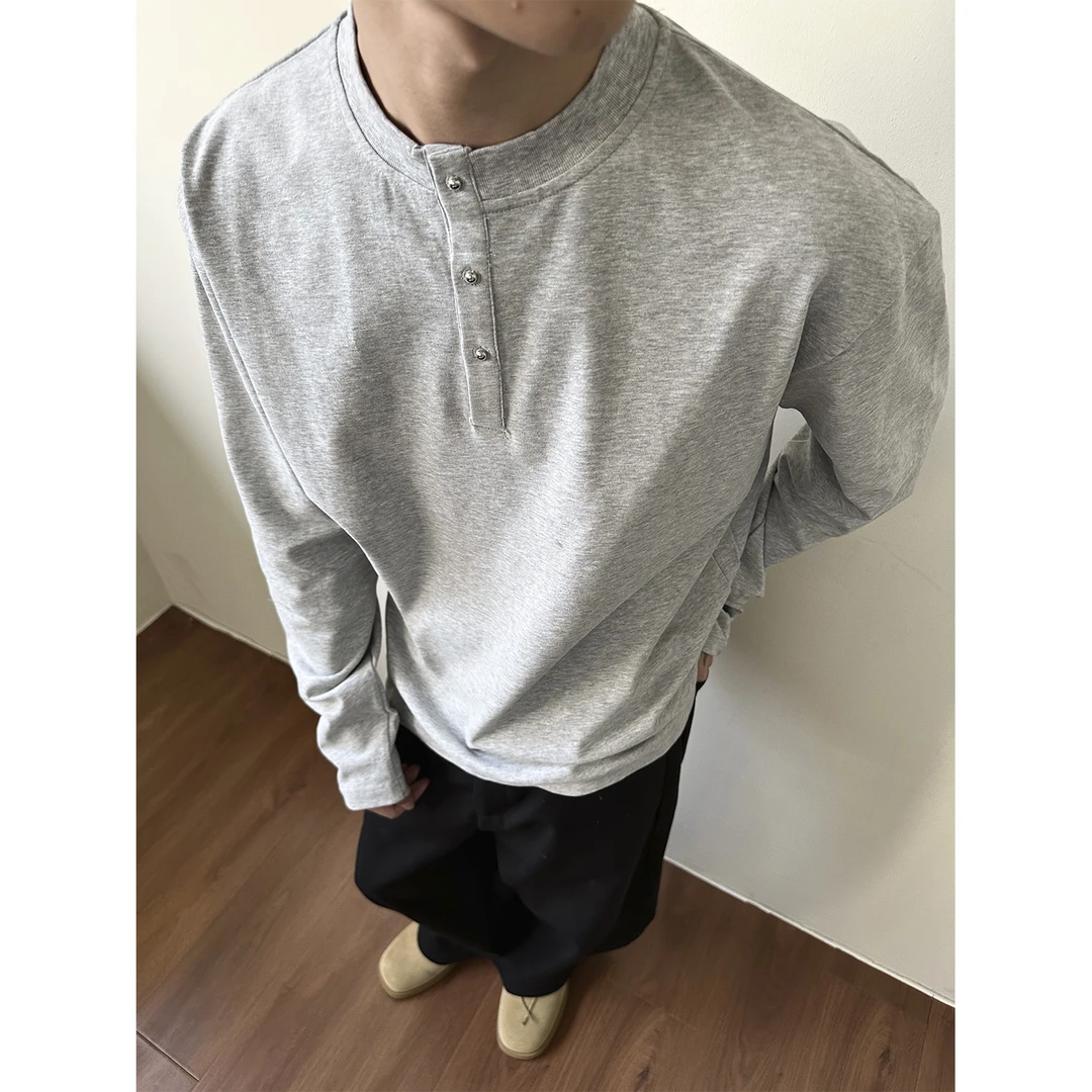 【EME】2025春新款短宽亨利领休闲廓形解构设计百搭基础打底长袖TEE