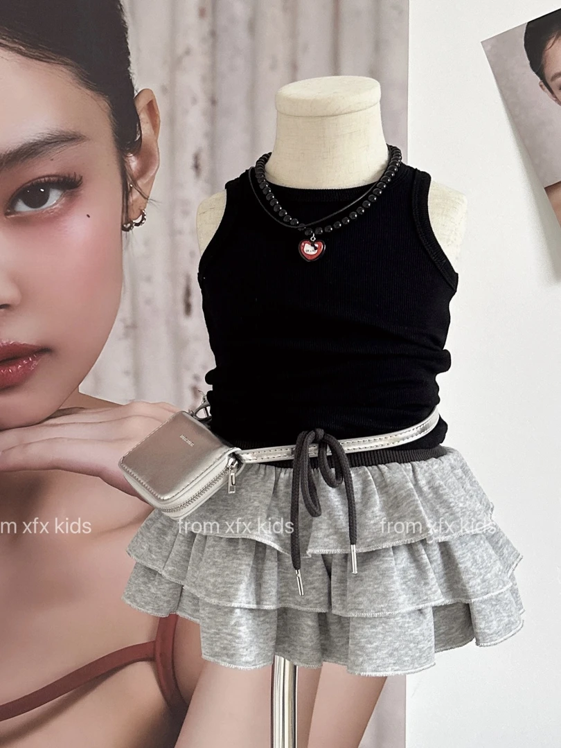 小粉象 ·女童夏季新款韩版纯色时髦背心百搭气质蛋糕裙套装