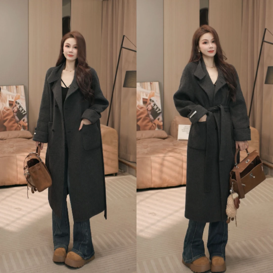 【静静衣橱】春季新款高级感纯色立领长款绑带收腰气质呢子大衣6008
