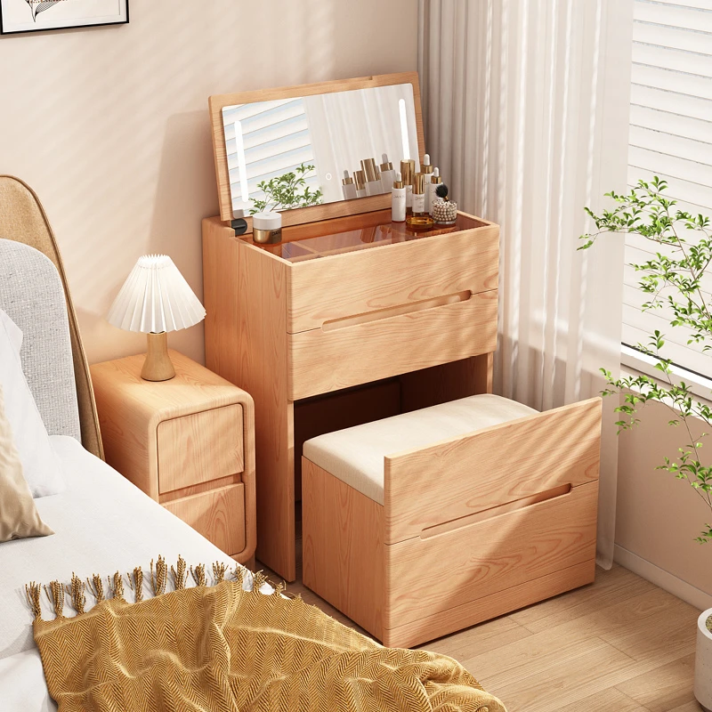 实木梳妆台主卧室家用小户型化妆桌烤漆网红化妆收纳斗柜一体烤漆