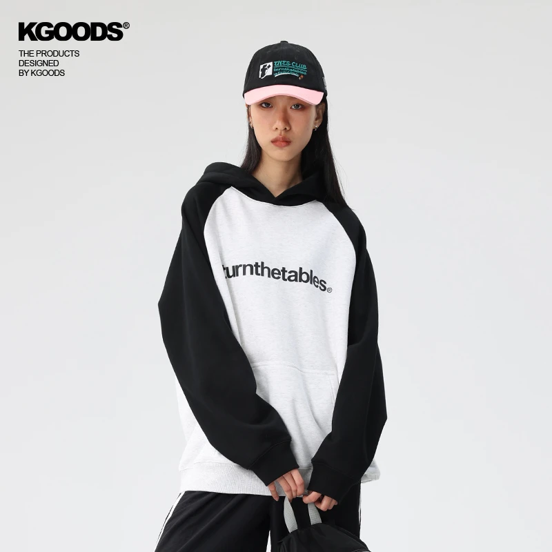 turnthetables拼色插肩袖字母连帽卫衣潮宽松情侣帽衫