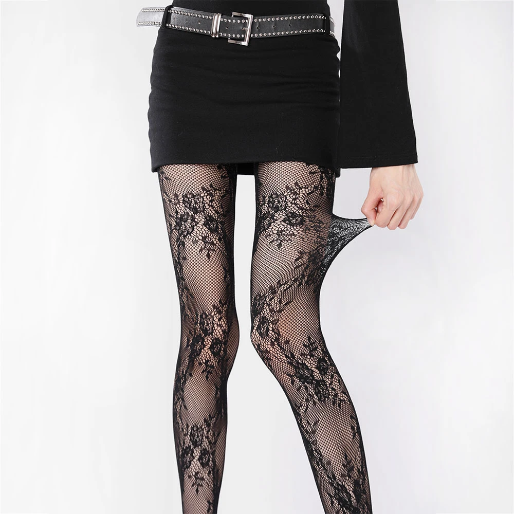 法式复古镂空花卉丝袜春夏性感辣妹提花渔网袜白色纯欲蕾丝打底袜