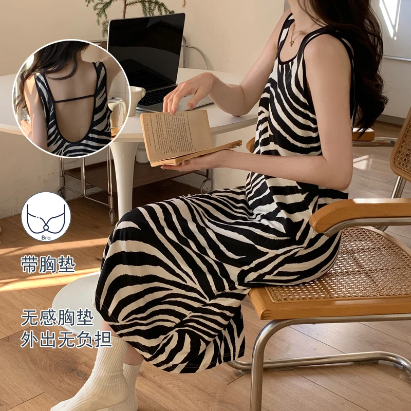 美背吊带睡裙女夏季凉感莫代尔条纹背心睡衣2025年新款爆款连衣裙