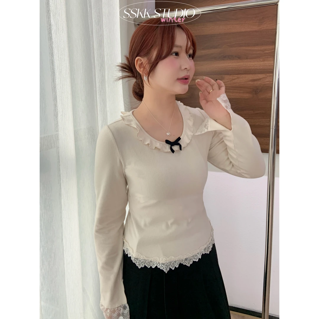 KMZY/KMZY山_山【燕麦甜茶】微胖韩系蕾丝拼接U领显瘦温柔内搭上衣