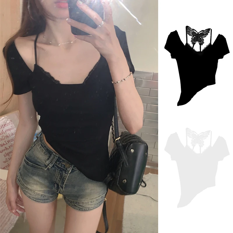 两件套蝴蝶挂脖内搭蕾丝拼接正肩T恤女夏季辣妹短款修身短袖上衣