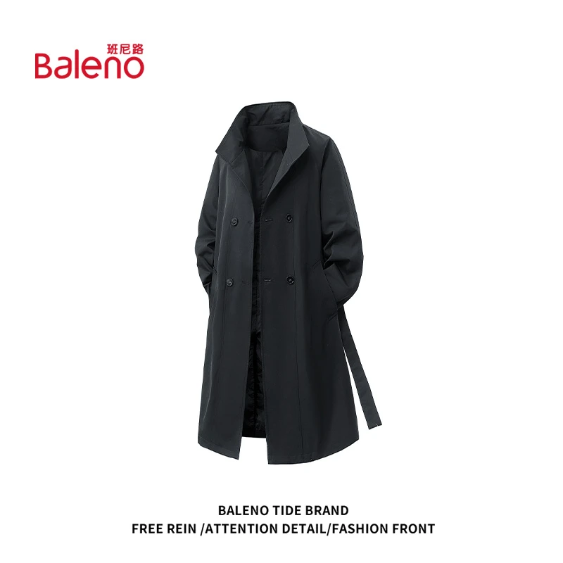 班尼路中长款风衣男士秋冬季加绒新款美式拼接双排扣大衣宽松外套