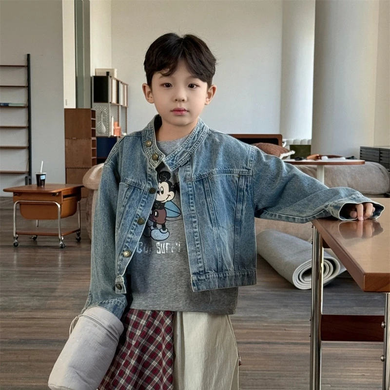 男童外套春秋款儿童韩版纯色做旧牛仔上衣男孩百搭痞帅机车风夹克