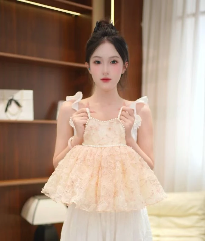 【糯】夏季新款粉色重工设计花朵提花女童连衣裙