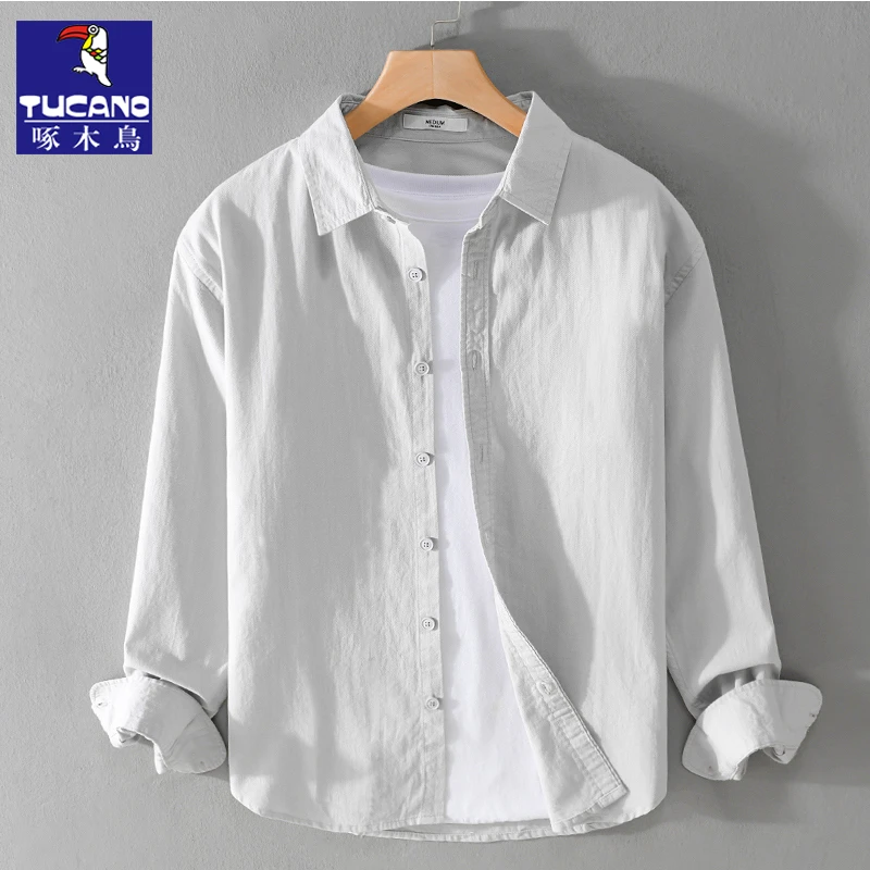 啄木鸟男士休闲长袖衬衫日系纯色简约百搭上衣白色纯棉衬衣外套