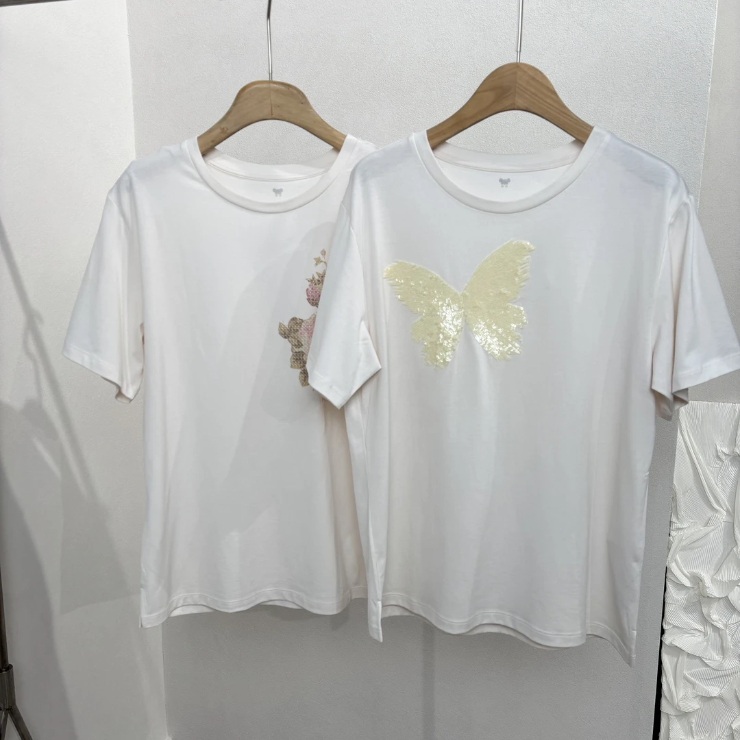 CSY4895 意大利客人订单 贴片亮钻花卉蝴蝶双色T恤